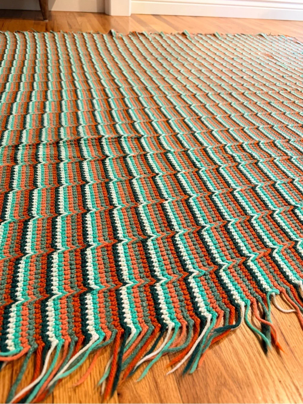 70s Vintage Handmade Crochet Flame Stitch Chevron Afghan Throw Blanket Fringe
